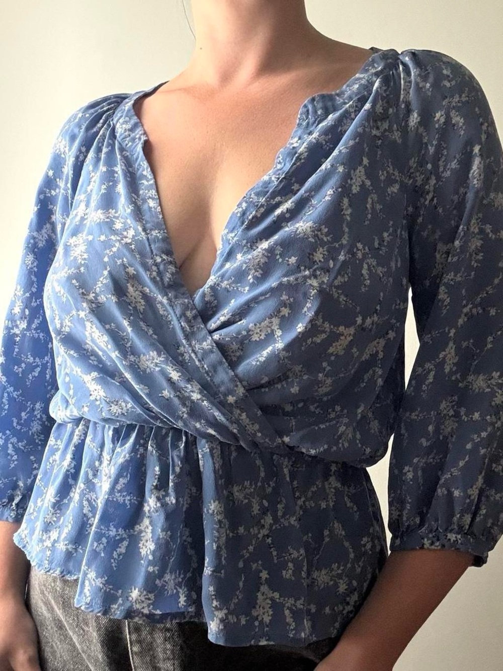 Urban Outfitters Pins and Needles blue white floral surplice front peplum top